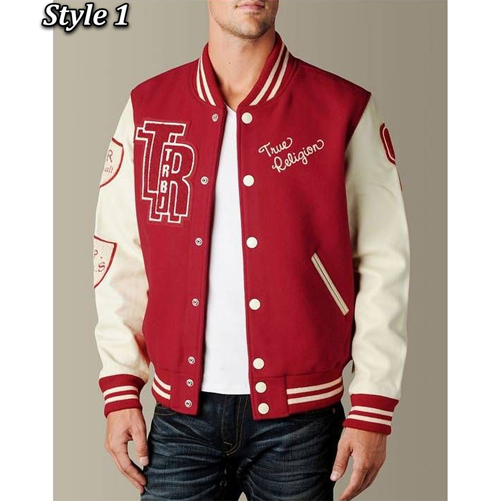 White and Red True Religion Varsity Jacket